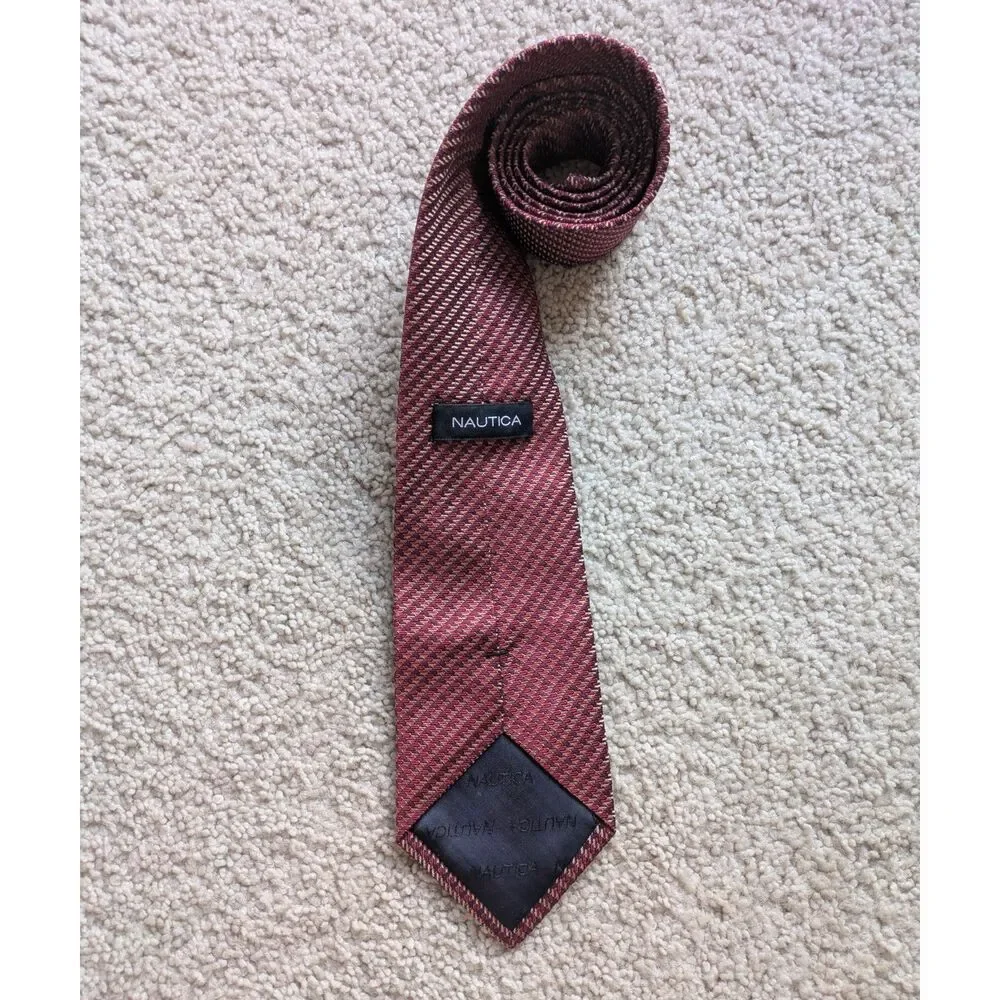 Nautica 100% Silk Burgandy Red Diagonal Stripe Print Tie